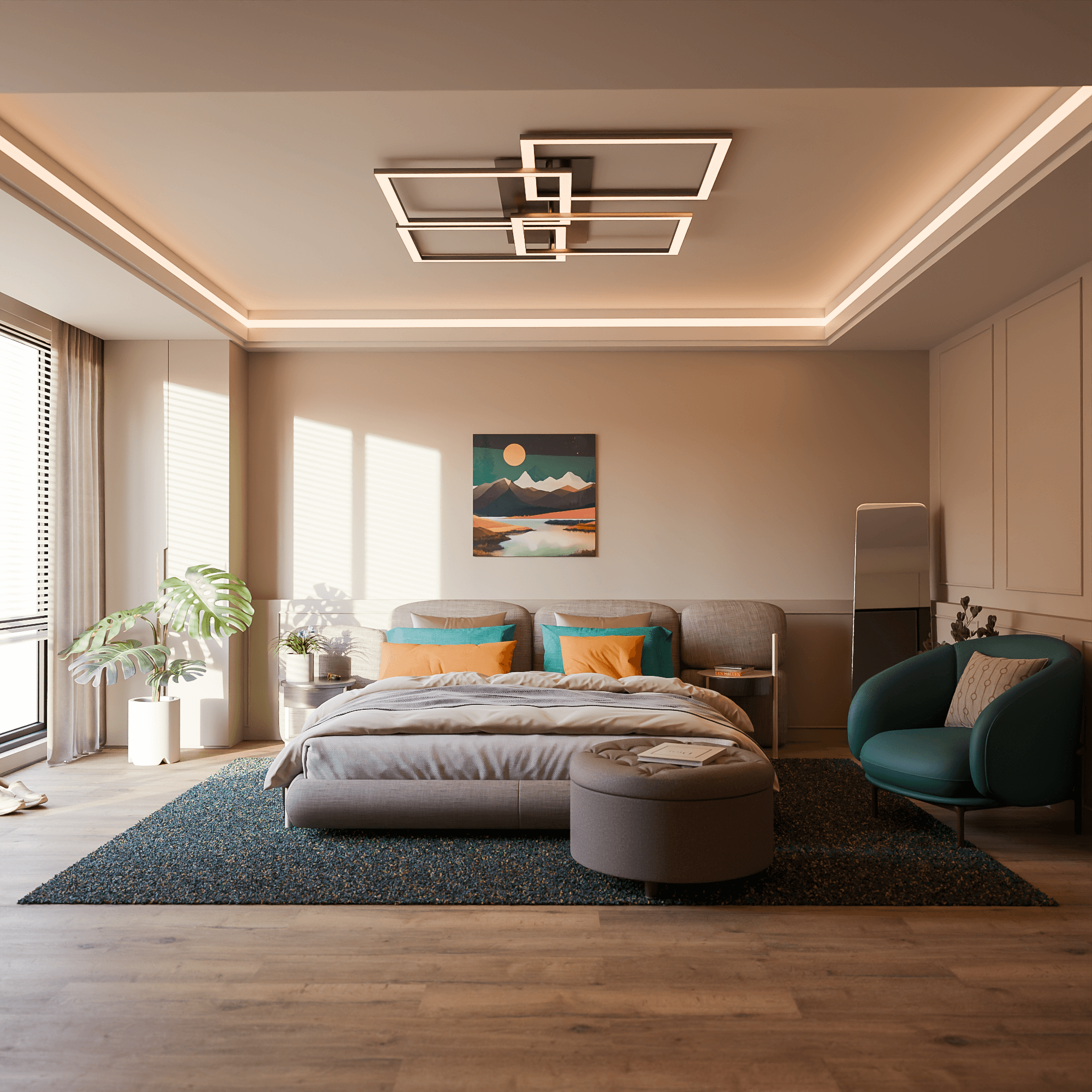 Nowoczesna sypialnia z dużym łóżkiem, kolorowymi poduszkami i turkusowym fotelem – jasne wnętrze z drewnianą podłogą, dekoracyjnym dywanem i geometrycznym oświetleniem sufitowym.