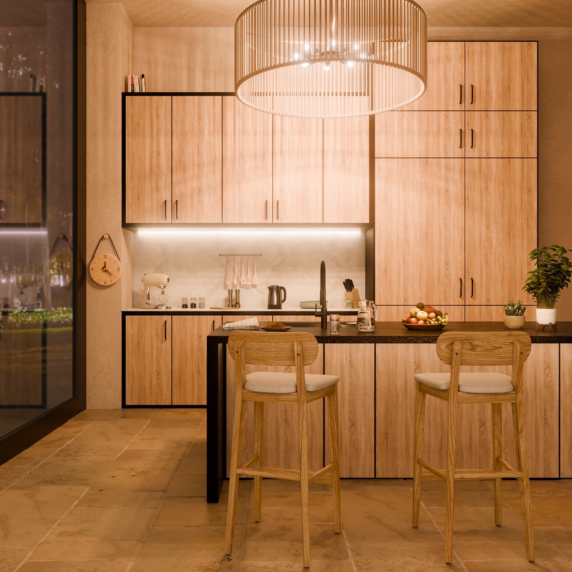 Wizualizacja nowoczesnej kuchni z wyspą i wieczornym oświetleniem, eleganckie wykończenia blatów i subtelne światło tworzące przytulny klimat wnętrza.