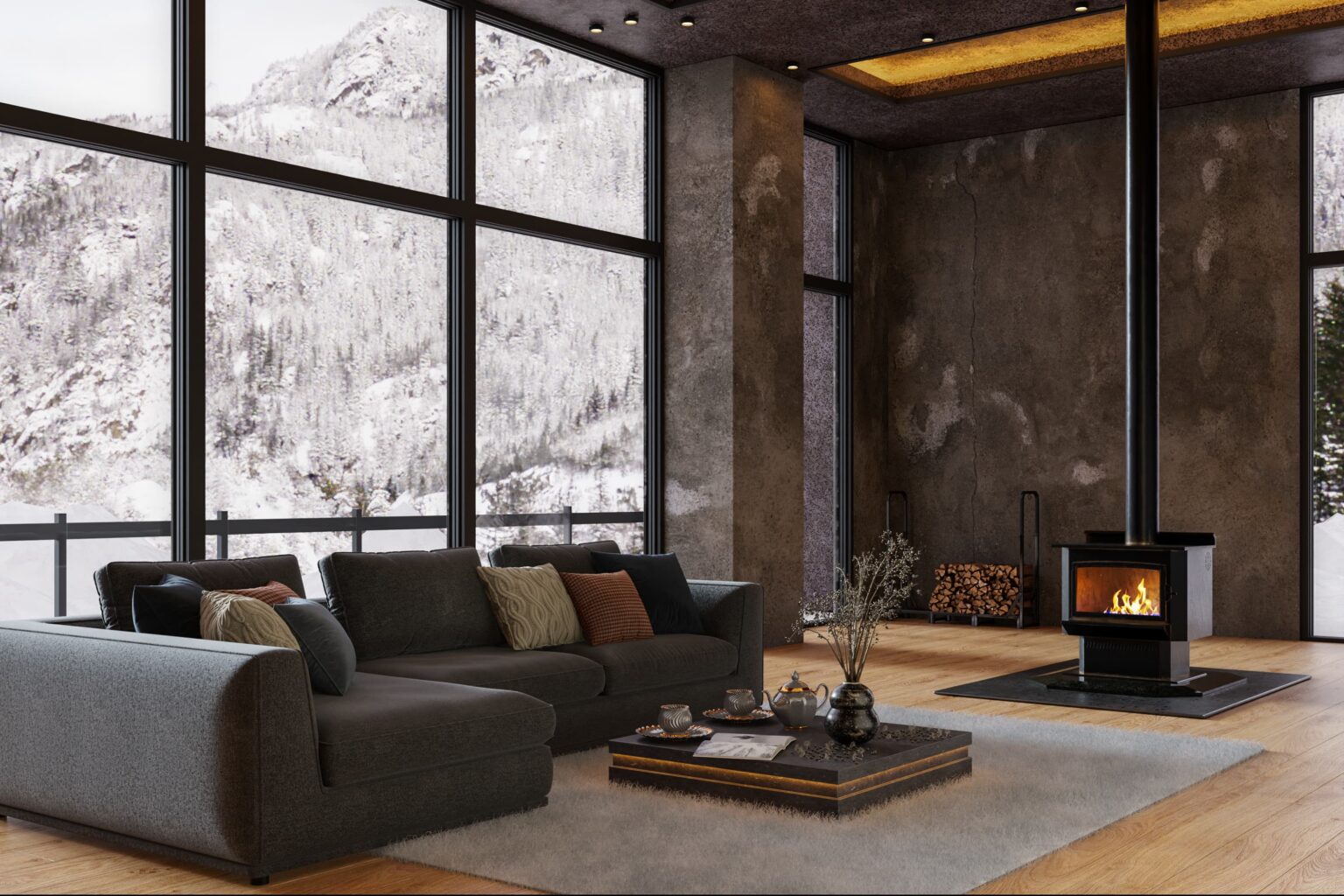 wizualizacja-3d-sofa-komnek-design Fotorealistyczna wizualizacja wnętrza salonu z nowoczesną sofą, kominkiem wolnostojącym i dużymi oknami z widokiem na zimowy krajobraz