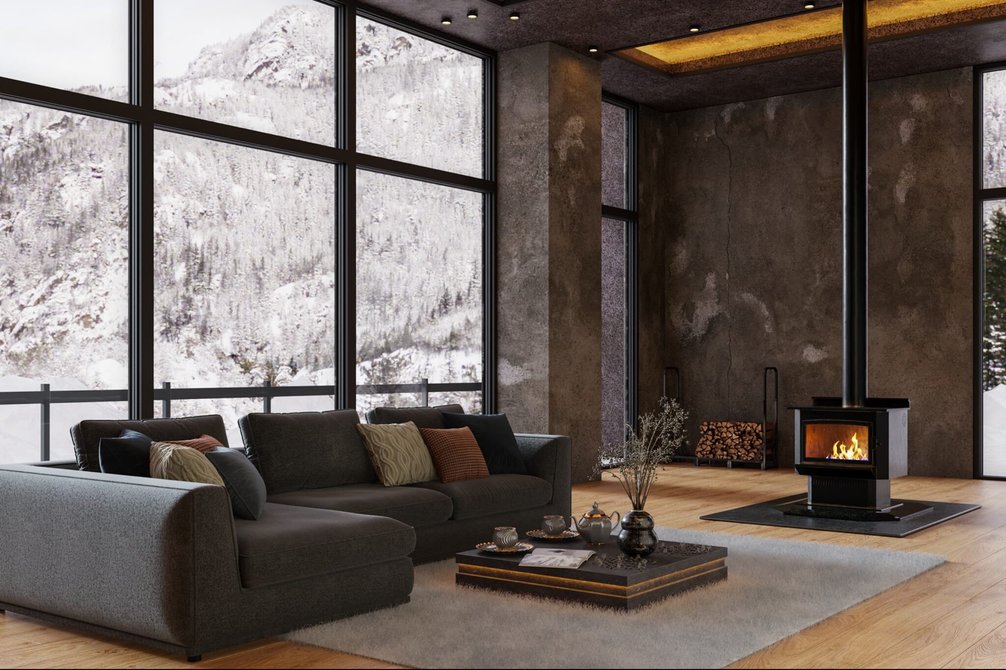 Fotorealistyczna wizualizacja wnętrza salonu z nowoczesną sofą, kominkiem wolnostojącym i dużymi oknami z widokiem na zimowy krajobraz