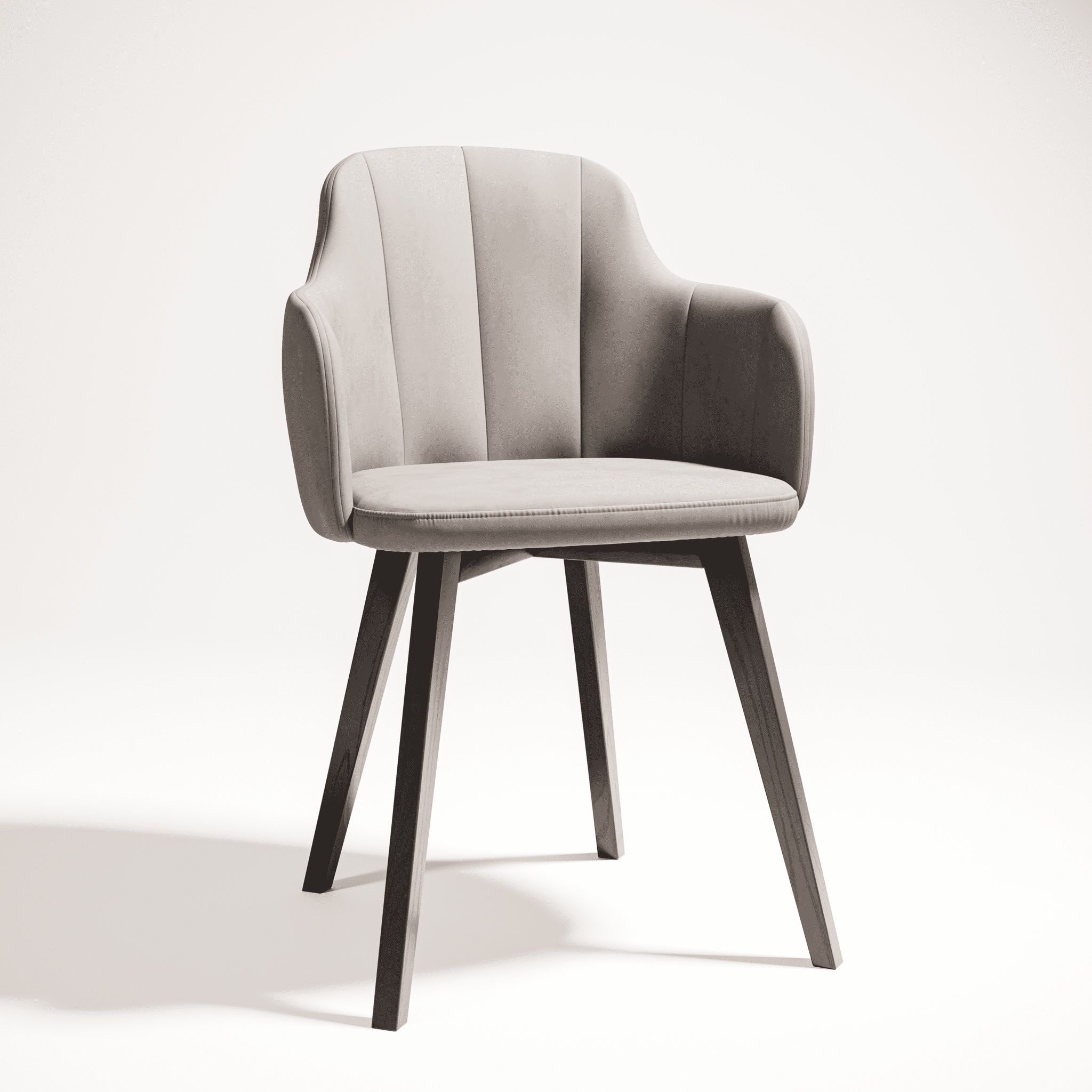 Fotorealistyczny packshot 3D tapicerowanego krzesła z drewnianymi nogami na jasnym tle