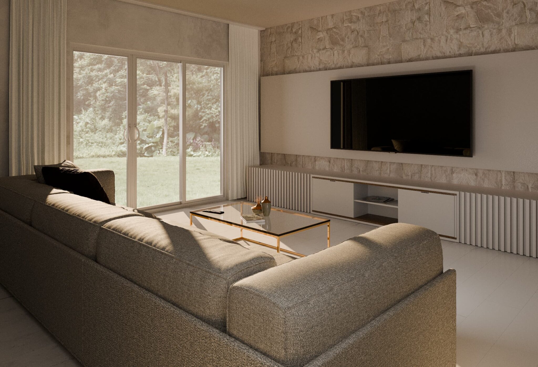 Fotorealistyczna wizualizacja 3D nowoczesnego salonu z narożną sofą, stolikiem kawowym i dużym oknem tarasowym w naturalnym świetle słonecznym.