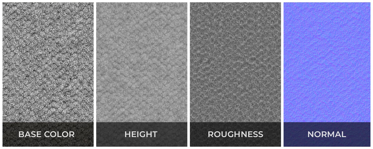mapy PBR tkaniny – base color height roughness normal