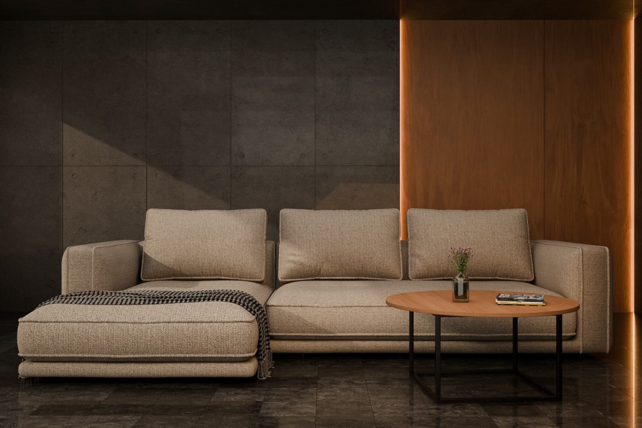 Fotorealistyczna wizualizacja 3D nowoczesnej beżowej sofy w industrialnym wnętrzu z betonowymi panelami i ciepłym oświetleniem LED.