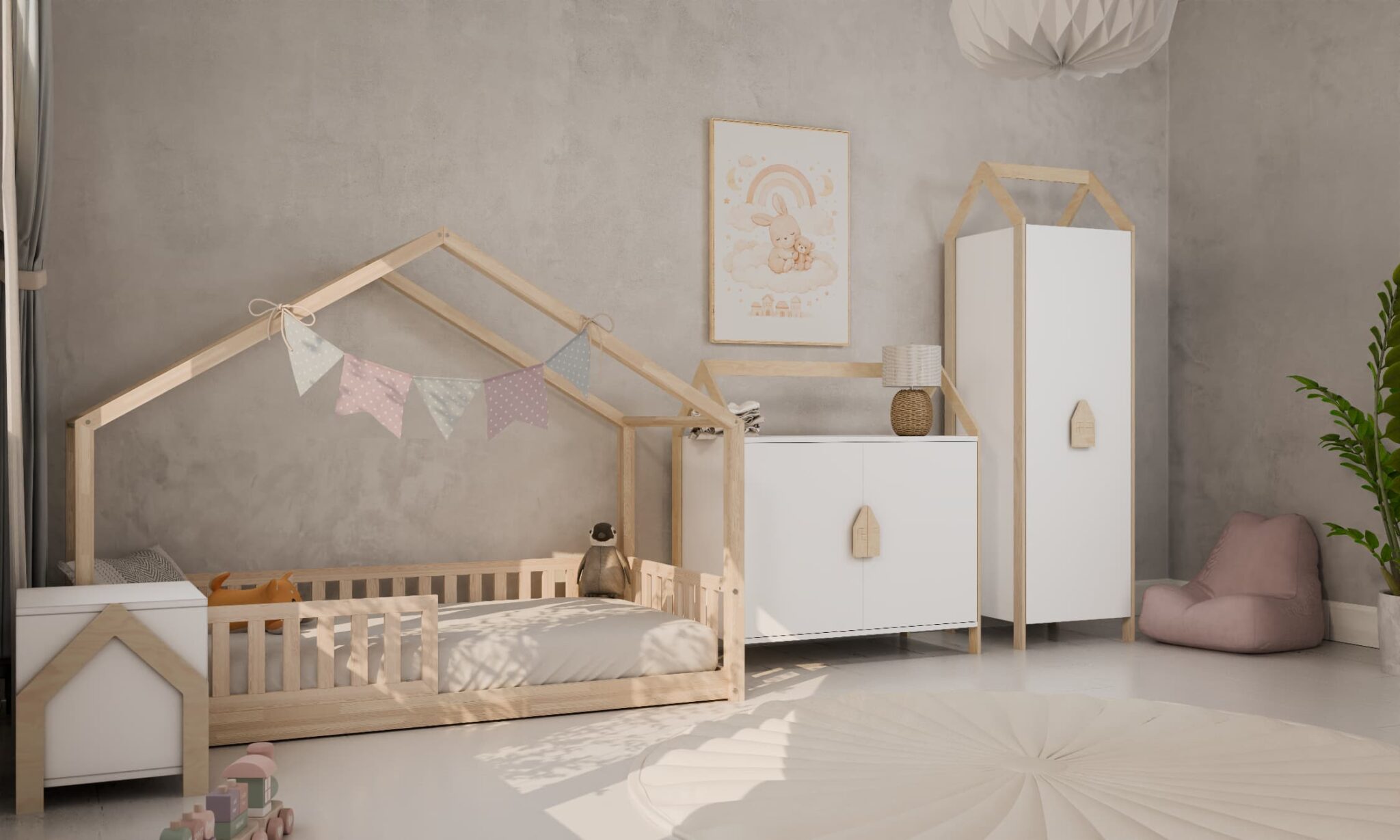 wizualizacja 3D zestawu mebli dziecięcych z łóżkiem w kształcie domku, komodą i szafą w jasnym pokoju dziecięcym