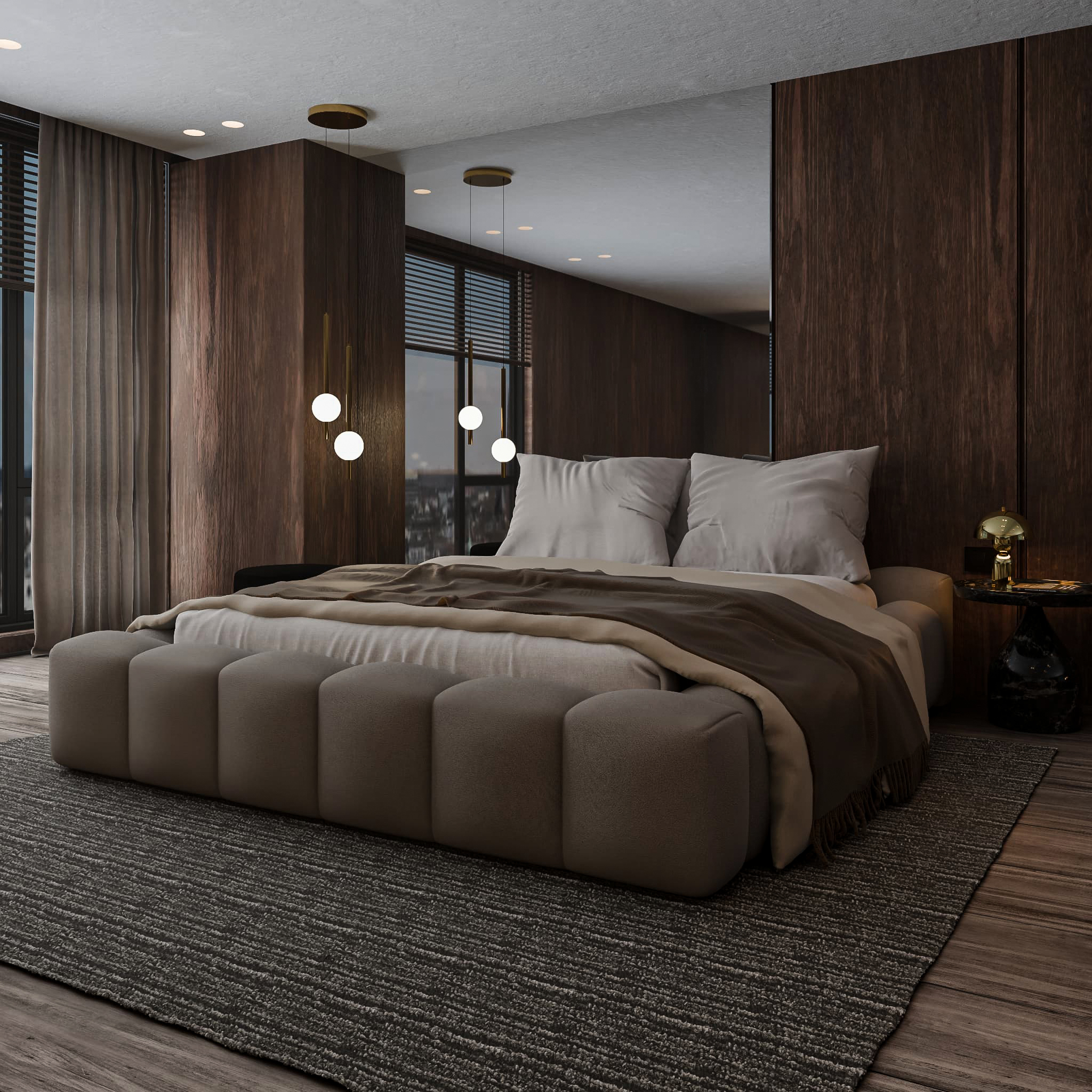 Nowoczesne łóżko tapicerowane w eleganckiej sypialni z drewnianą ścianą, dywanem i designerskimi lampami – wizualizacja 3D