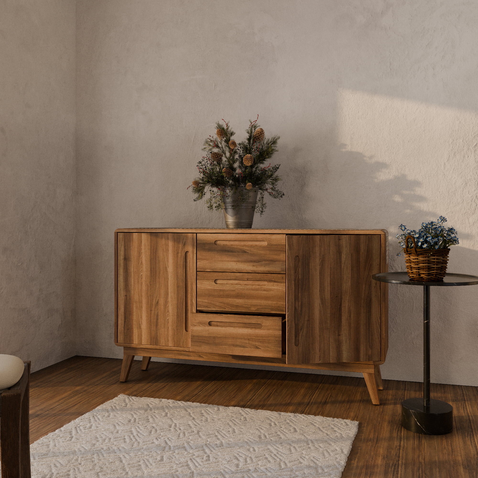 Nowoczesna drewniana komoda w stylu farmhouse – wizualizacja 3D produktu w jasnym wnętrzu z bocznym światłem i minimalistyczną aranżacją