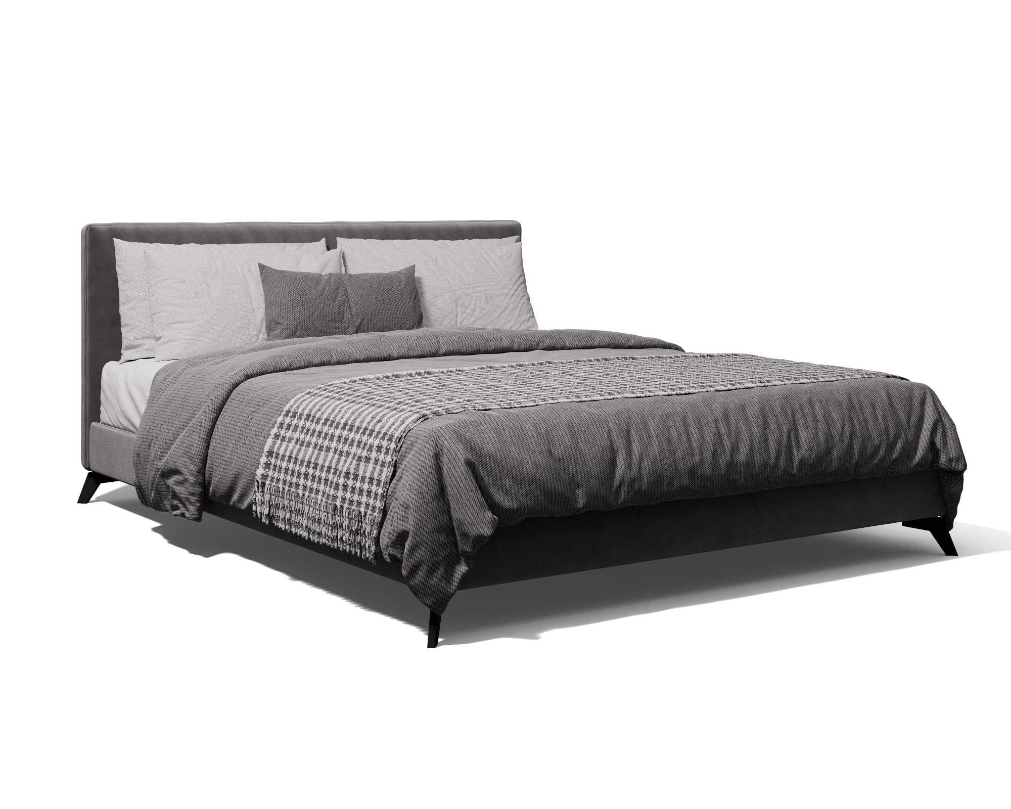 Fotorealistyczna wizualizacja 3D łóżka tapicerowanego – packshot z pościelą i kocem, render do e-commerce