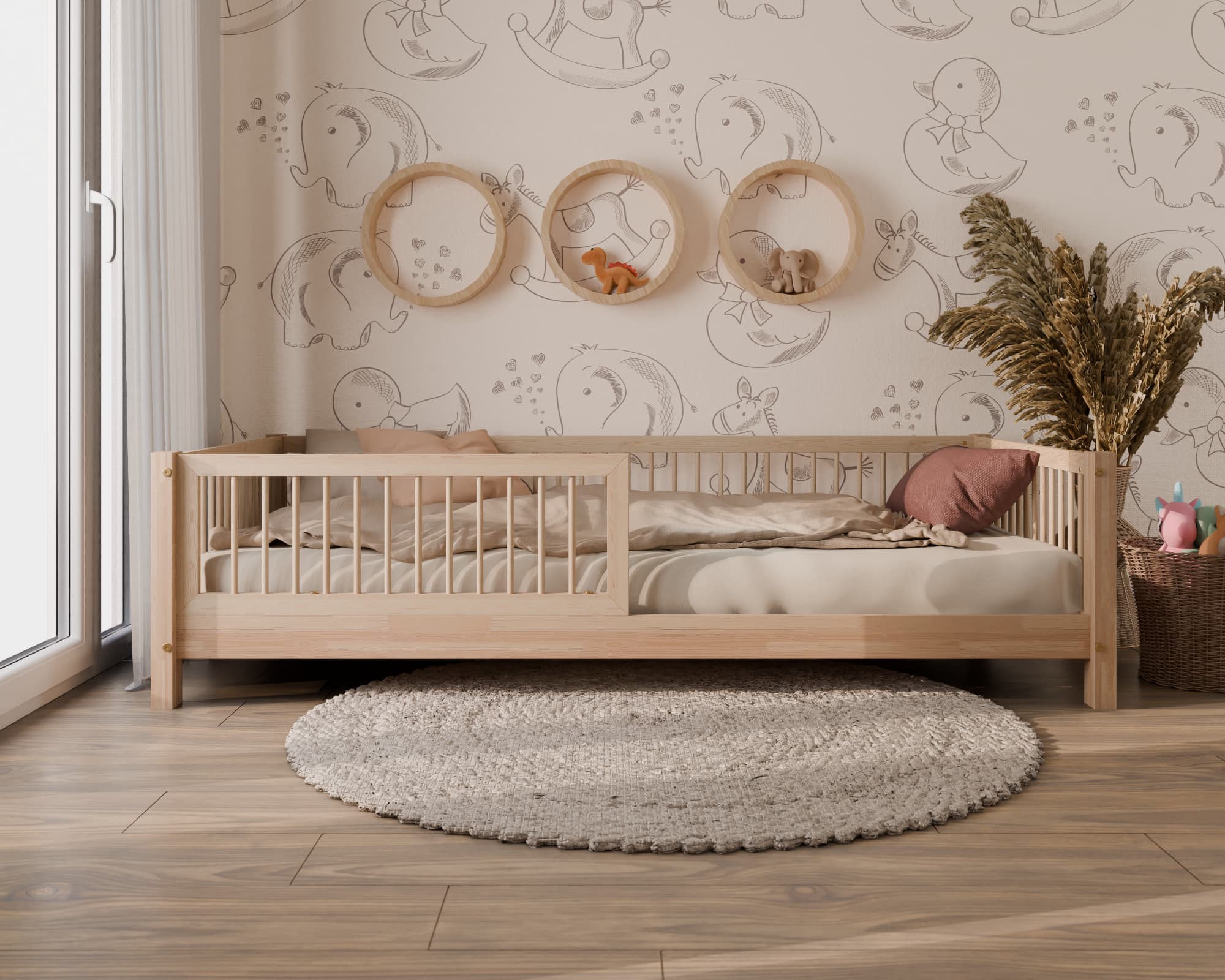 drewniane lozko dzieciece niskie pokoj dziecka aranzacja naturalna 3d
