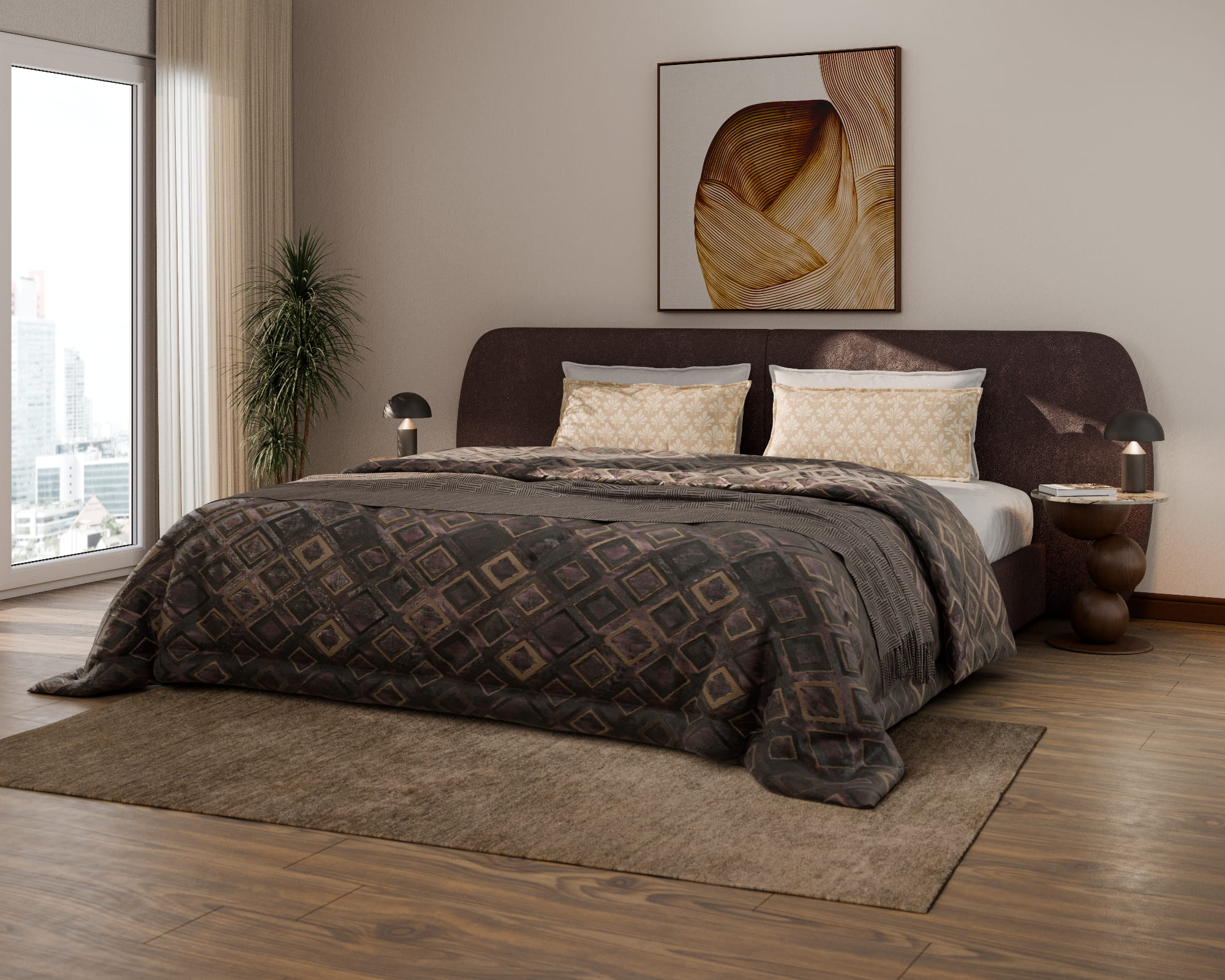 Wizualizacja 3D łóżka w nowoczesnej sypialni – fotorealistyczny render wnętrza