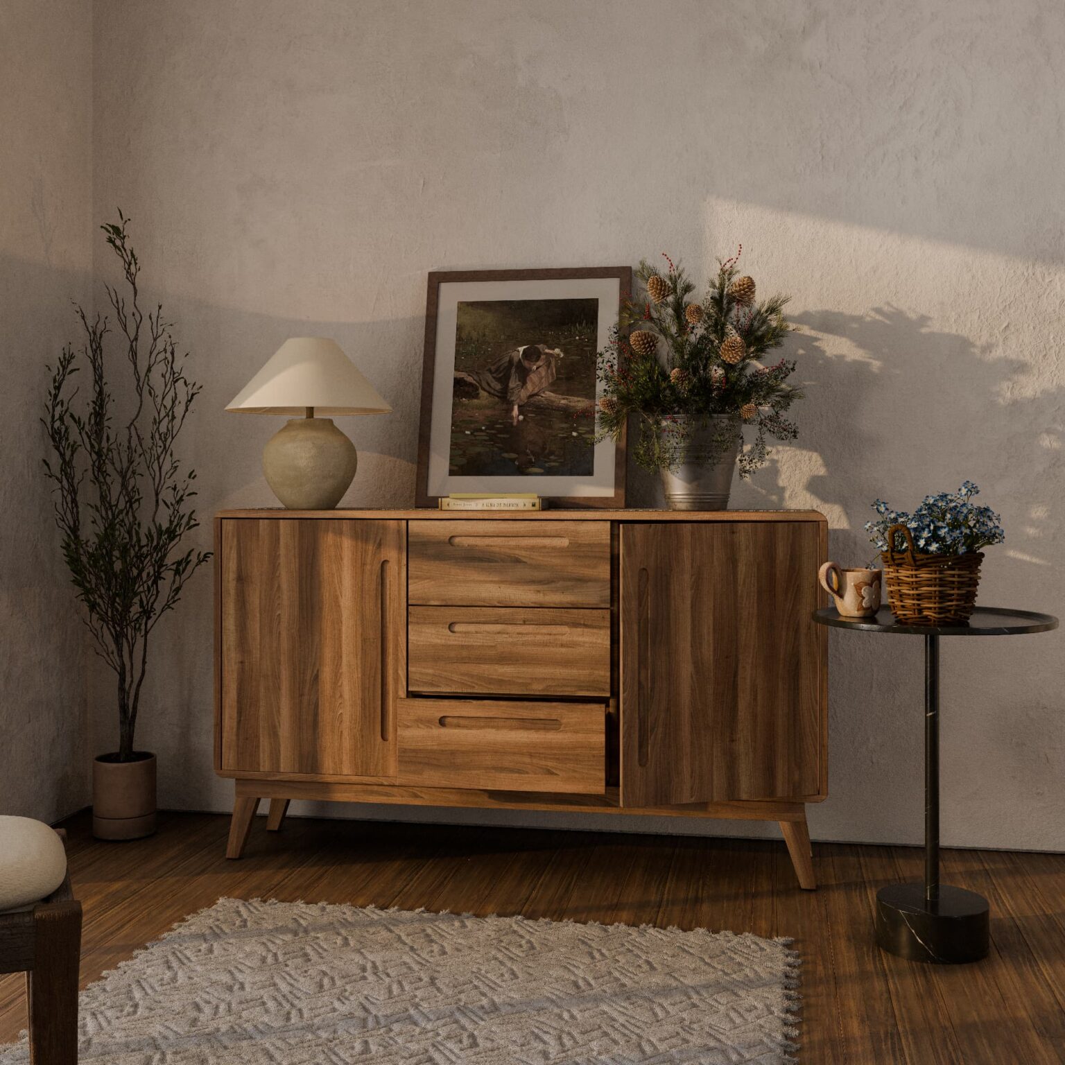 wizualizacja-mebli-3d-komoda-drewniana-aranzacja-wnetrza Fotorealistyczna wizualizacja 3D drewnianej komody w nowoczesnym wnętrzu