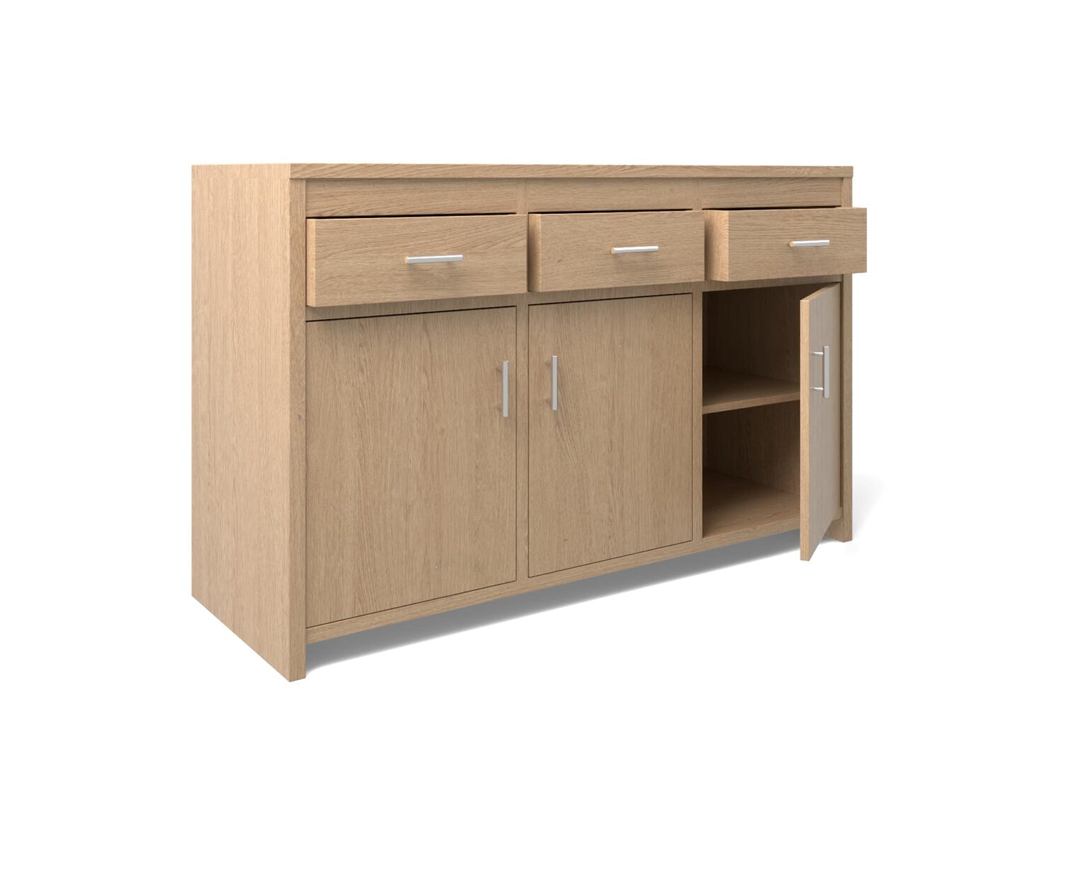 komoda-drewniana-3d-otwarta-szuflada-szafka Wizualizacja 3D drewnianej komody z wysuniętą szufladą i otwartą szafką
