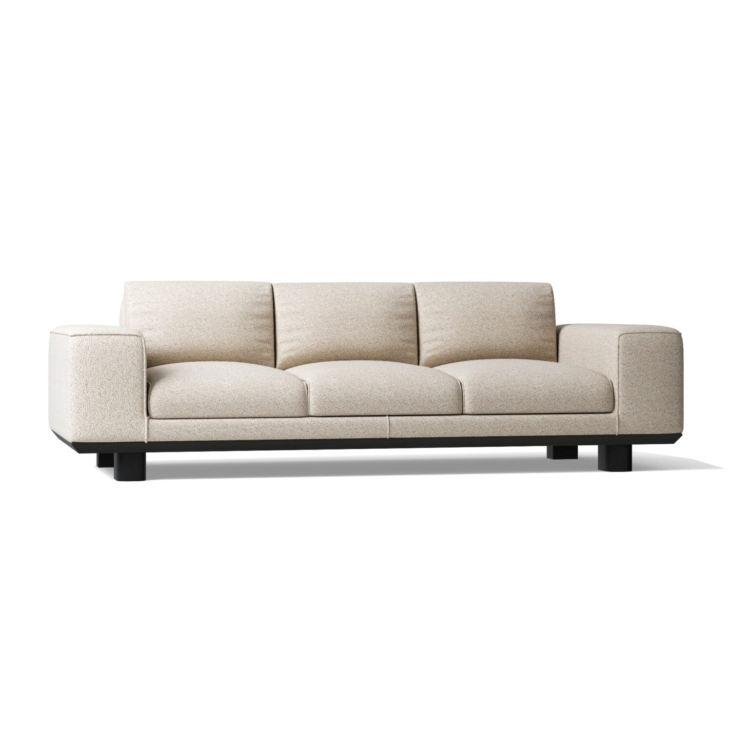 sofa-3-osobowa-boucle-packshot-przod Fotorealistyczny packshot trzyosobowej sofy z tkaniny bouclé – widok z przodu na białym tle.