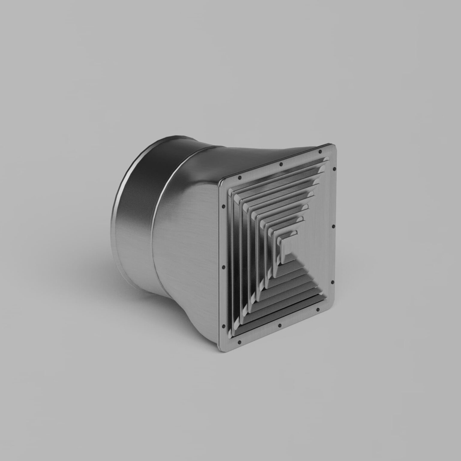 Fotorealistyczna wizualizacja 3D metalowej czerpni wentylacyjnej.